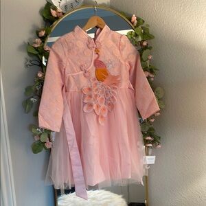 Pink Embroidered Dress with Peacock Design